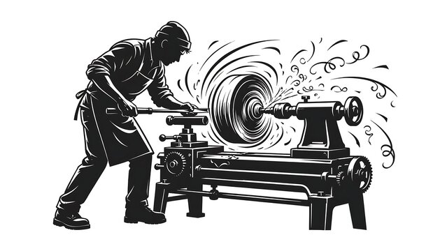 woodturning artisan crafting on lathe white background.