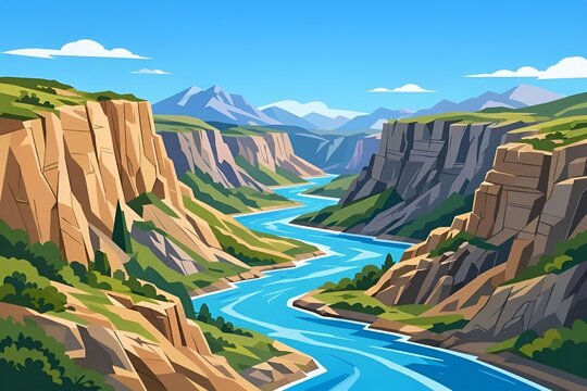 Spectacular deep canyon landscape with steep rocky cliffs, a winding bright blue river, and distant mountain peaks, flat vector art illustration.