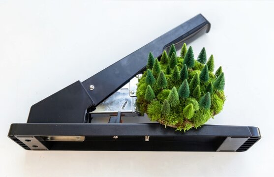 Miniature forest landscape held inside an open office stapler