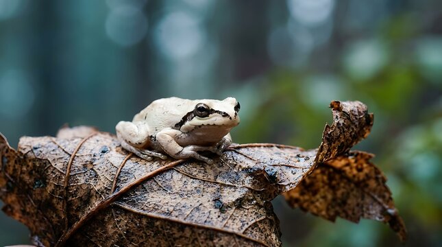 Small white tree frog resting on a dry brown leaf in a green forest