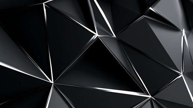 Geometric black faceted surface with silver trim presents a modern abstract background polygon