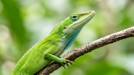 Obraz premium Bright green lizard perched on a wooden branch in a lush tropical forest