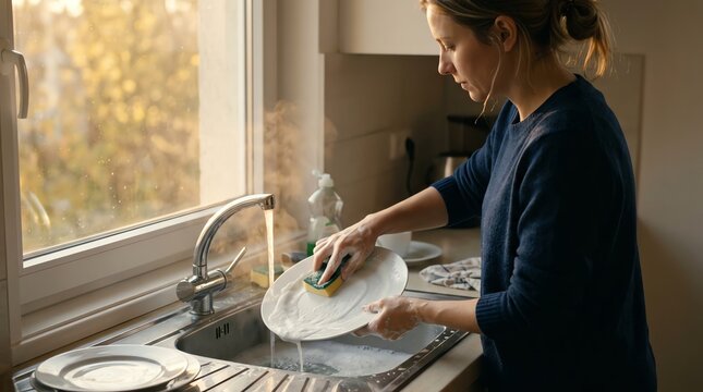 Young Woman Washing Dishes at Kitchen Sink by Window