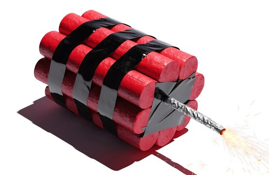 Explosive sticks of dynamite taped together with lit fuse red sticks explosive