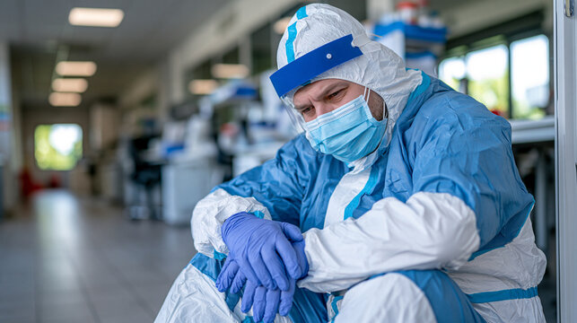 Exhausted male medical laboratory worker in full PPE sitting slightly against a laboratory doorway for support, protective hood, mask, gloves and disposable coveralls, empty clinical hallway, subdue