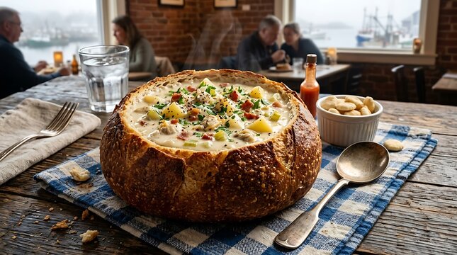 Clam chowder inside a rustic bread bowl creates a warm dining scene overlooking a foggy harbor.