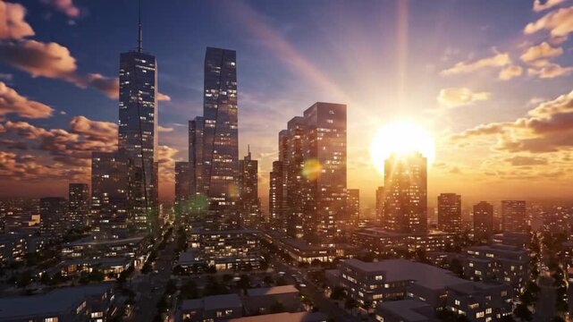 Sun shining over business center from morning to evening