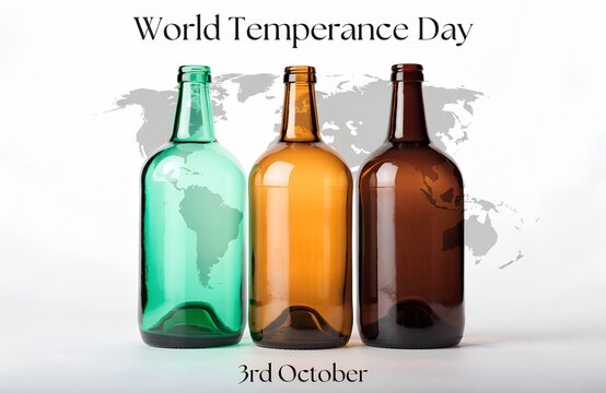 Three colorful glass bottles representing world temperance day with glass contai