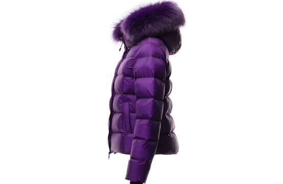 Purple down puffer jacket with fluffy fur hood side view