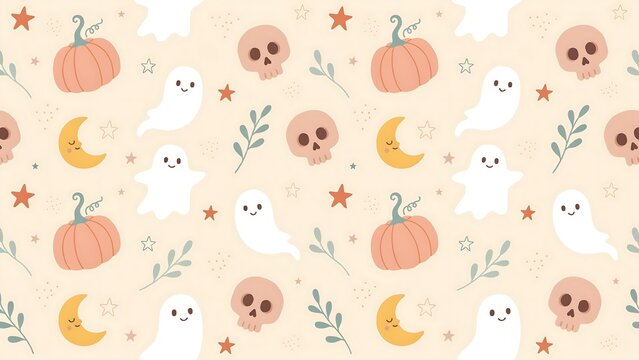 Cute halloween seamless pattern with smiling ghosts pumpkins skulls and stars on a light background