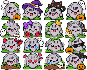 Fototapeta premium Kawaii Halloween Tombstone Sticker Set – Cute Spooky Graveyard Characters