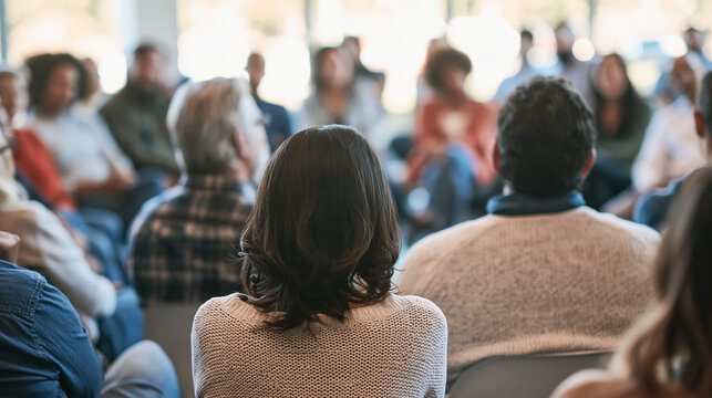 Rear view of diverse people attending a community meeting, public forum, or parent-teacher gathering. Audience listening to a speaker in a circle