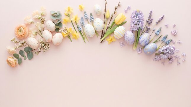 Easter spring decorations with colorful flowers and pastel eggs arranged in a festive arch holiday decorations pastel colors floral arrangement decorative eggs flower bouquet spring bloom