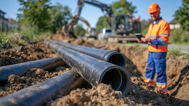 Large-diameter black HDPE pipes prepared for underground water infrastructure installation along a rural roadside, worker in protective equipment checking the site with a tablet, open trench and con