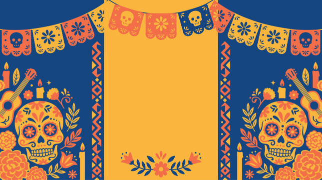 A festive dia de muertos vector background featuring colorful sugar skulls and traditional papel picado banners for holiday celebration