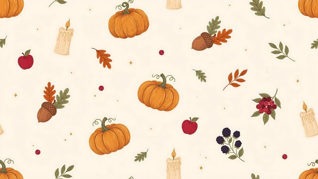 Seamless pattern featuring autumn pumpkins candles apples acorns and berries on a light beige background