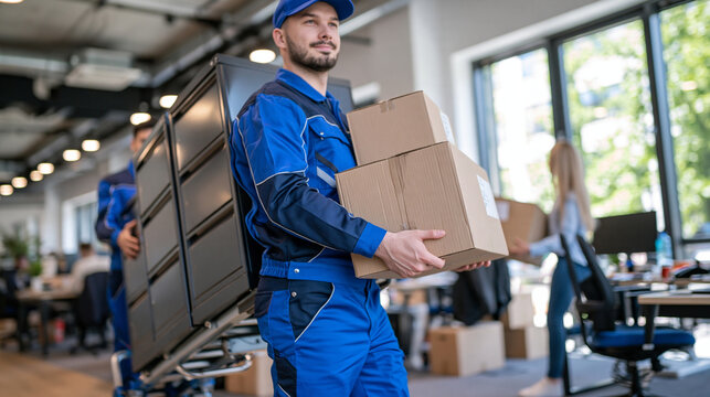 Team of professional movers carefully transporting large metal filing cabinets and sealed cardboard boxes across a modern office, employees organizing furniture and computer equipment during busines