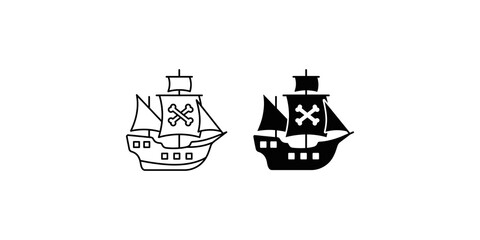 Pirate ship silhouette and line art icons with jolly roger flag for nautical themed graphic designs. © Hanis