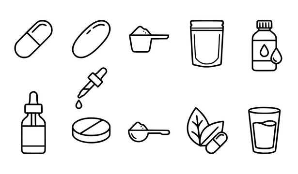 Supplement Forms Natural Health Capsules Powders Oils Thin Line Icons