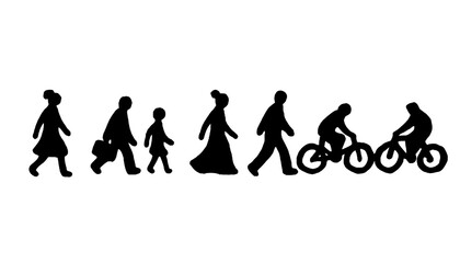 Fototapeta premium Crowd of people silhouettes set, diverse pedestrian walking and cycling figures, black human shapes for architectural visualization and urban planning