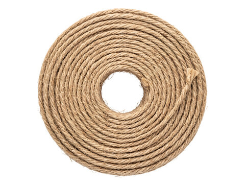 Rolled jute twine coil with frayed end in even studio lighting isolated on transparent background