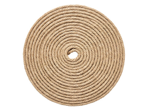 Coiled natural fiber rope in a flat spiral with clear center isolated on transparent background