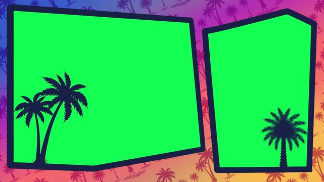 Two chroma key frames animate over a colorful tropical background with palm trees, sunset gradients and retro nightlife aesthetics for stylish video edits and promos