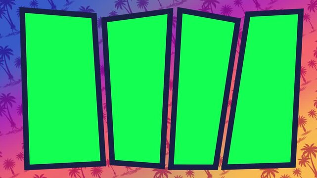 Animated green screen frames over a tropical neon sunset background, ideal for nightlife promos, travel edits, urban montages and summer presentations