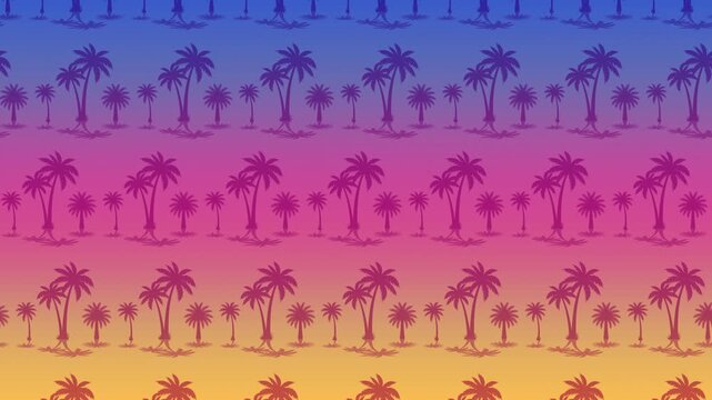 Colorful tropical background animation with repeating palm silhouettes and retro sunset gradient, perfect for coastal, nightlife, summer and vacation themed projects