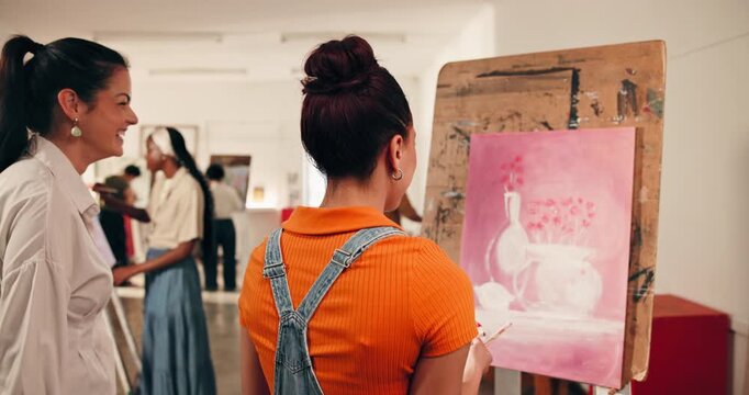 Artist, happy woman and high five for painting class, positive feedback and artistic progress. Support, canvas and instructor with check in for art workshop, praise shading and celebrate masterpiece