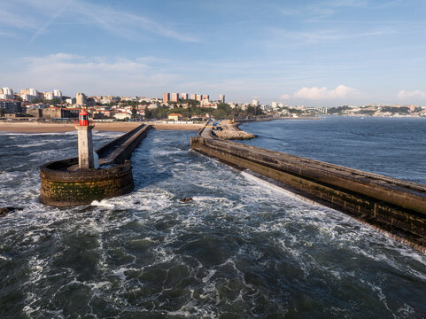 Aerial view of urban coastline of the Atlantic Ocean. Porto  Portugal