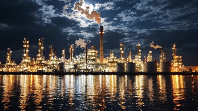 Illuminated industrial refinery at night with moon and water reflection