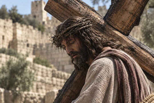 Jes&uacute;s cargando la cruz por las calles de Jerusal&eacute;n camino del Calvario