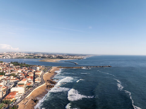 Aerial view of urban coastline of the Atlantic Ocean. Porto  Portugal