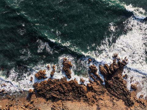 Aerial view of rocky coastline of the Atlantic Ocean. Porto, Portugal