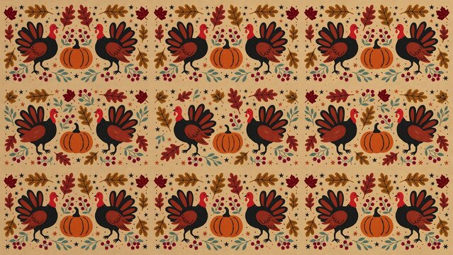 Thanksgiving seamless pattern with turkeys pumpkins and autumn leaves on a tan background