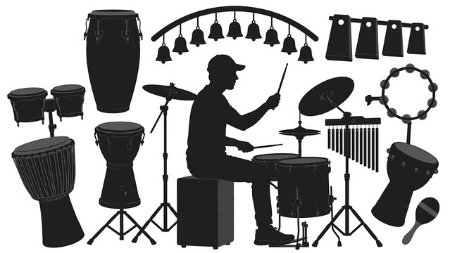 Drummer playing percussion instruments white background.