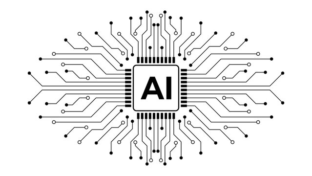 Futuristic digital AI pictogram. Artificial intelligence processor chip sign. AI technology circuit board background design. Microchip icon with artificial intelligence neural network connections.