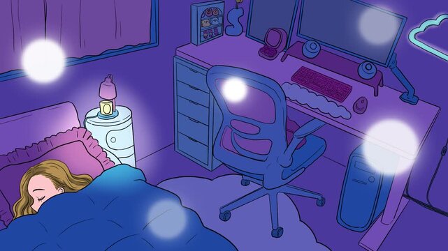 作業用BGMや配信背景に使える夜のゲーミングルームと睡眠イラスト動画
