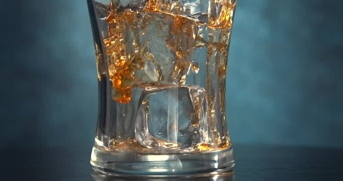 Cola pouring into glass with ice cubes in slow motion