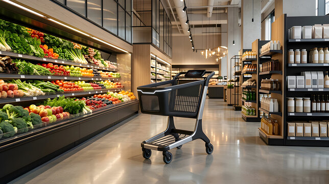 Empty modern shopping cart standing in the produce aisle of a grocery store