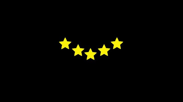 5 star rating animation with golden stars, five star review, customer satisfaction and quality rating icon, 4k motion graphics on black background
