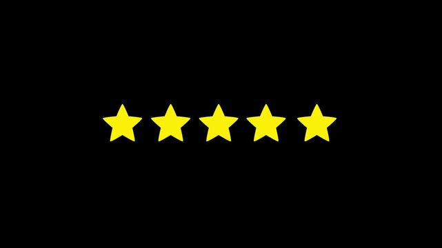 Animated five star rating icon with golden stars, customer feedback, product quality and customer satisfaction concept, 4k rating animation on black background
