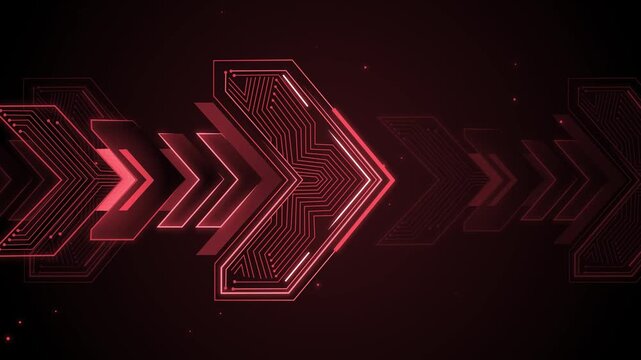 Neon futuristic arrow shapes with circuit-patterned hex arrow pointing right background animation
