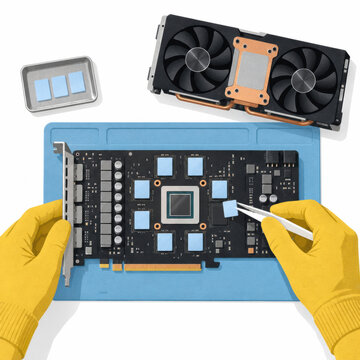 Gloved technician uses tweezers to repair a graphics card on an anti-static mat, with the cooling assembly and components arranged above it.
