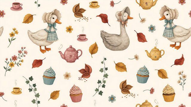 Whimsical tea party seamless pattern with ducks in bonnets cupcakes teapots and autumn leaves