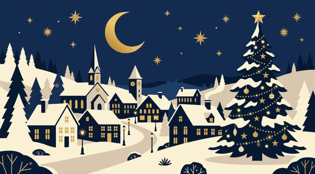 Charming winter village at night with a large decorated christmas tree, snowcovered houses, and a glowing moon in a starry sky