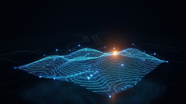 Glowing blue wireframe terrain on dark background shows geospatial data interface, digital map layer, and location visualization for spatial analysis.
