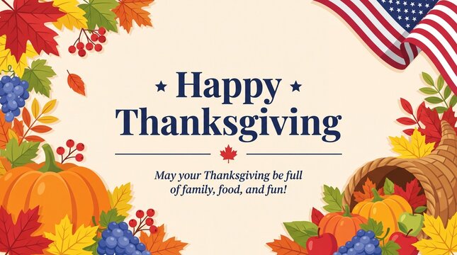 Happy Thanksgiving Holiday Banner with Pumpkin and American Flag