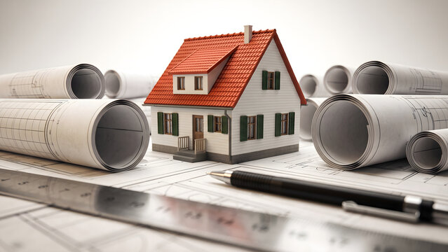 Model house with a red roof surrounded by architectural blueprints, rolled plans, a ruler, and a pen on a drafting table